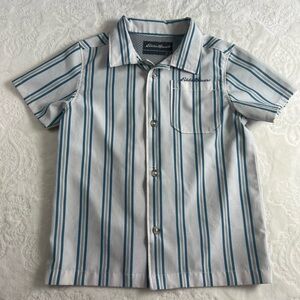 Eddie Bauer Kids Grey & Green Stripes Short Sleeve Button Shirt Flex Stretch
